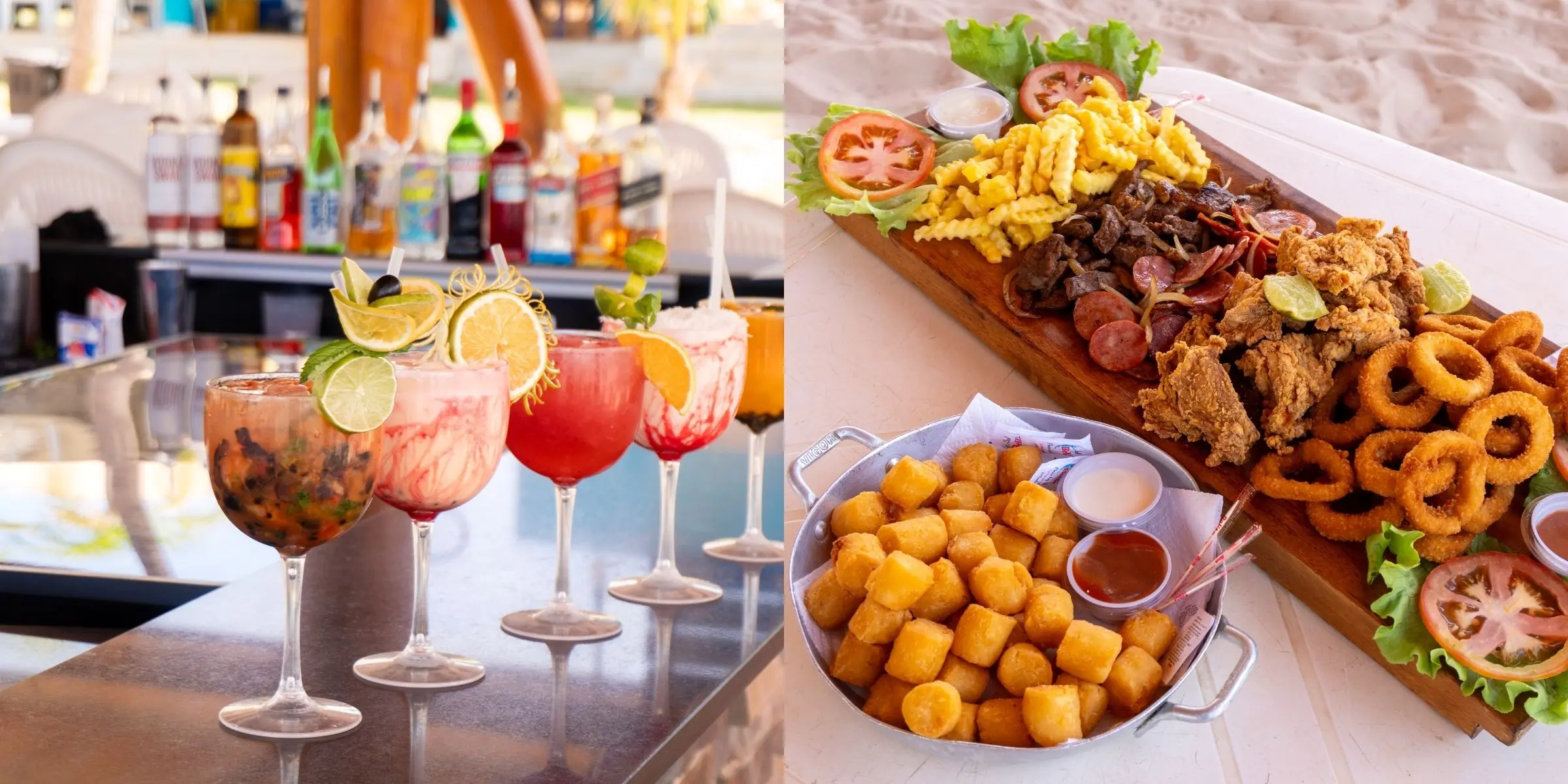 Drinks and a shared appetizer board from the restaurant and bar at Praia da Figueira, in Bonito, MS