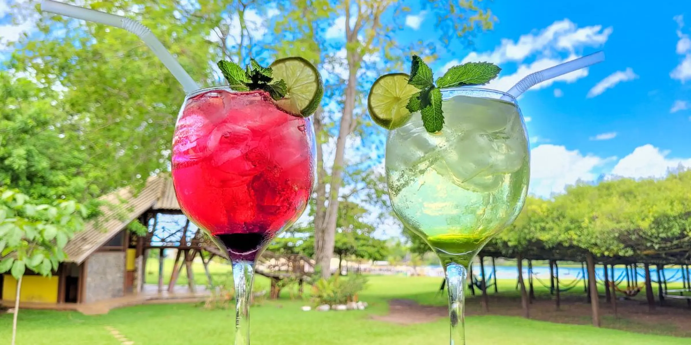 Colorful drinks served by the lake at Praia da Figueira, in Bonito, MS