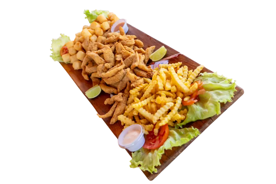 Float Trip Board, with breaded tilapia and pacu, fries and cassava